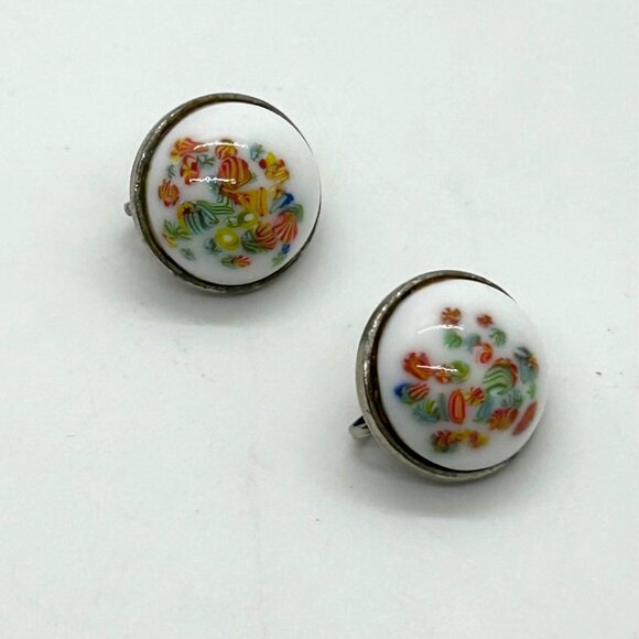 Vintage Hand Painted Porcelain Clip-On Earrings Floral Motif 3/4" Silver-tone - Picture 3 of 10